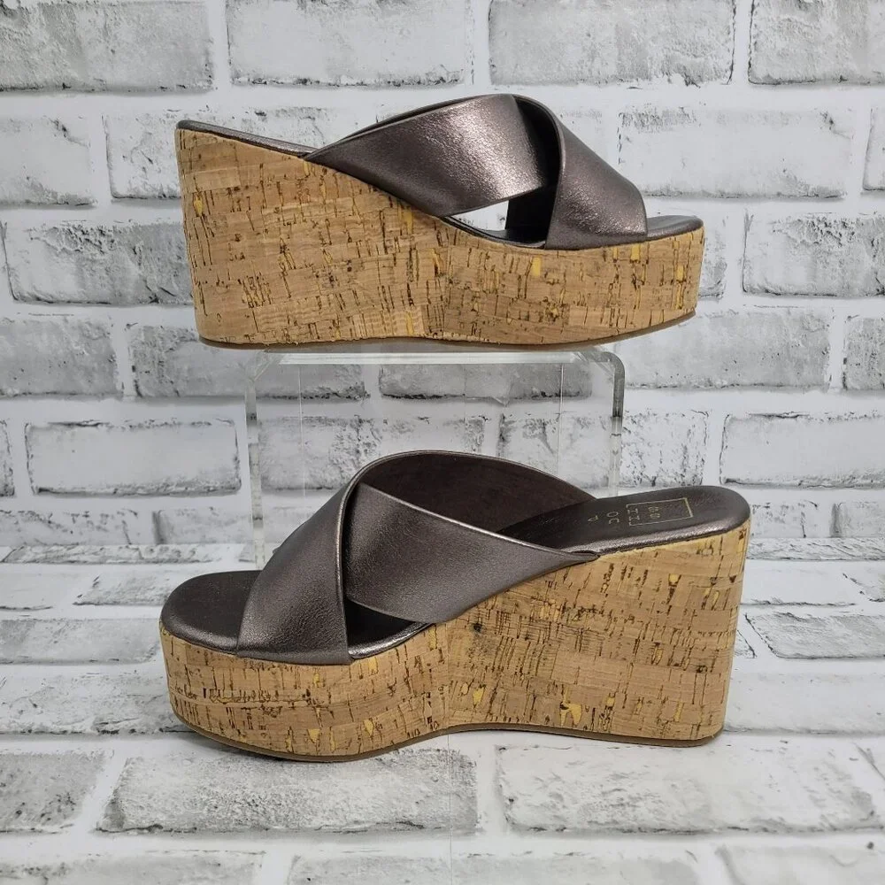 ShuShop Metallic Brown Crisscross Cork Wedge Sandals